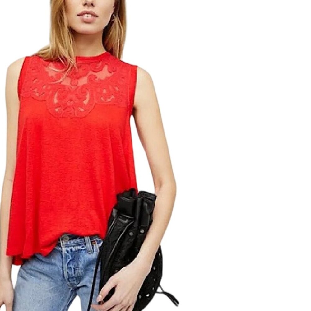Free People Red L Tank Boho Embroidered Flowy Statement Cottage core Rodeo